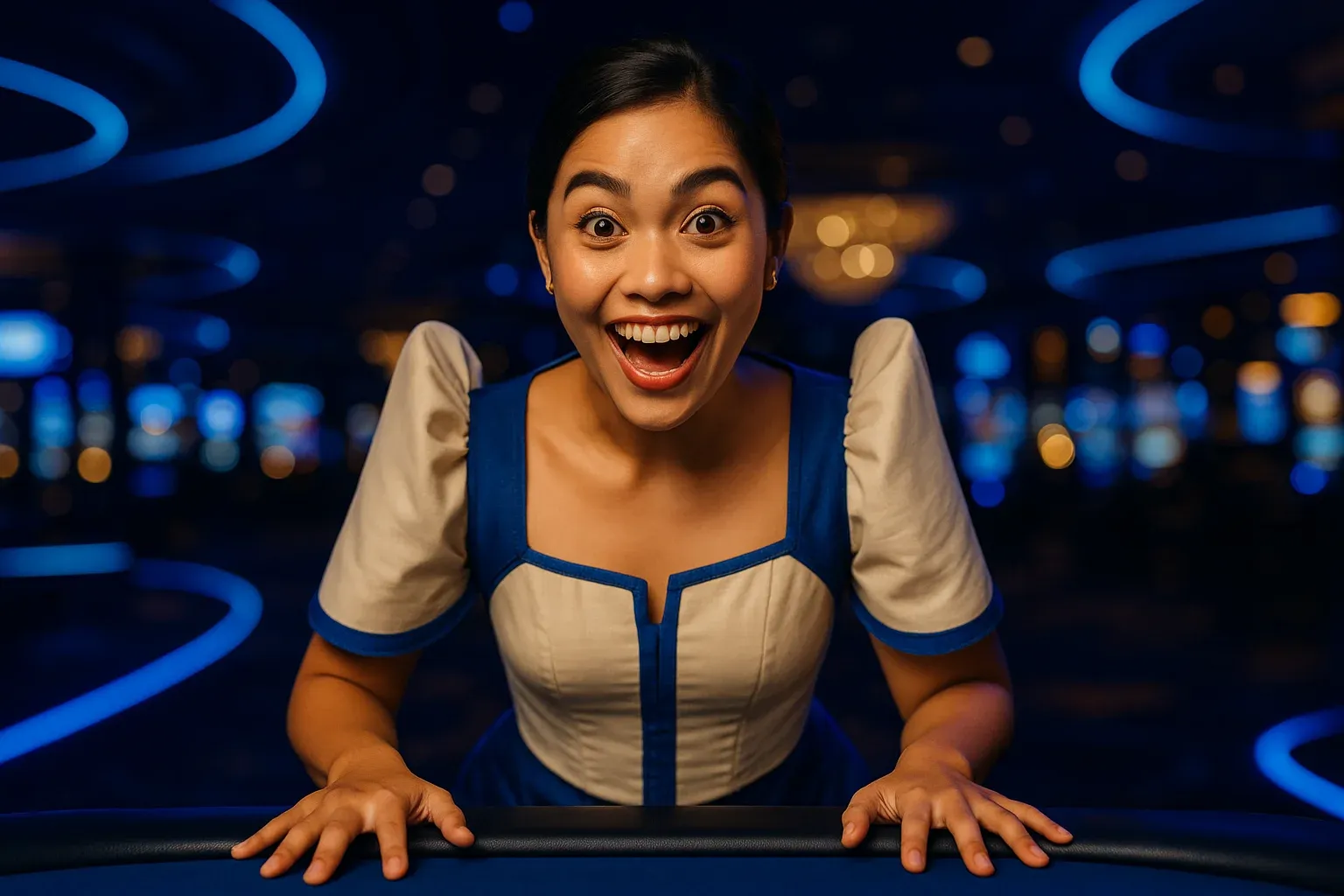 Excited Filipino woman portrait in modern Filipiniana blouse at casino