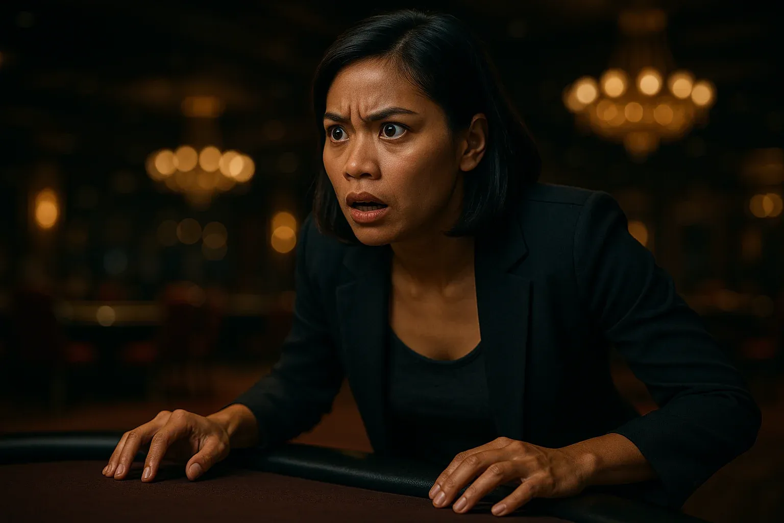 High-resolution portrait of tense Filipino woman in VIP casino with golden bokeh