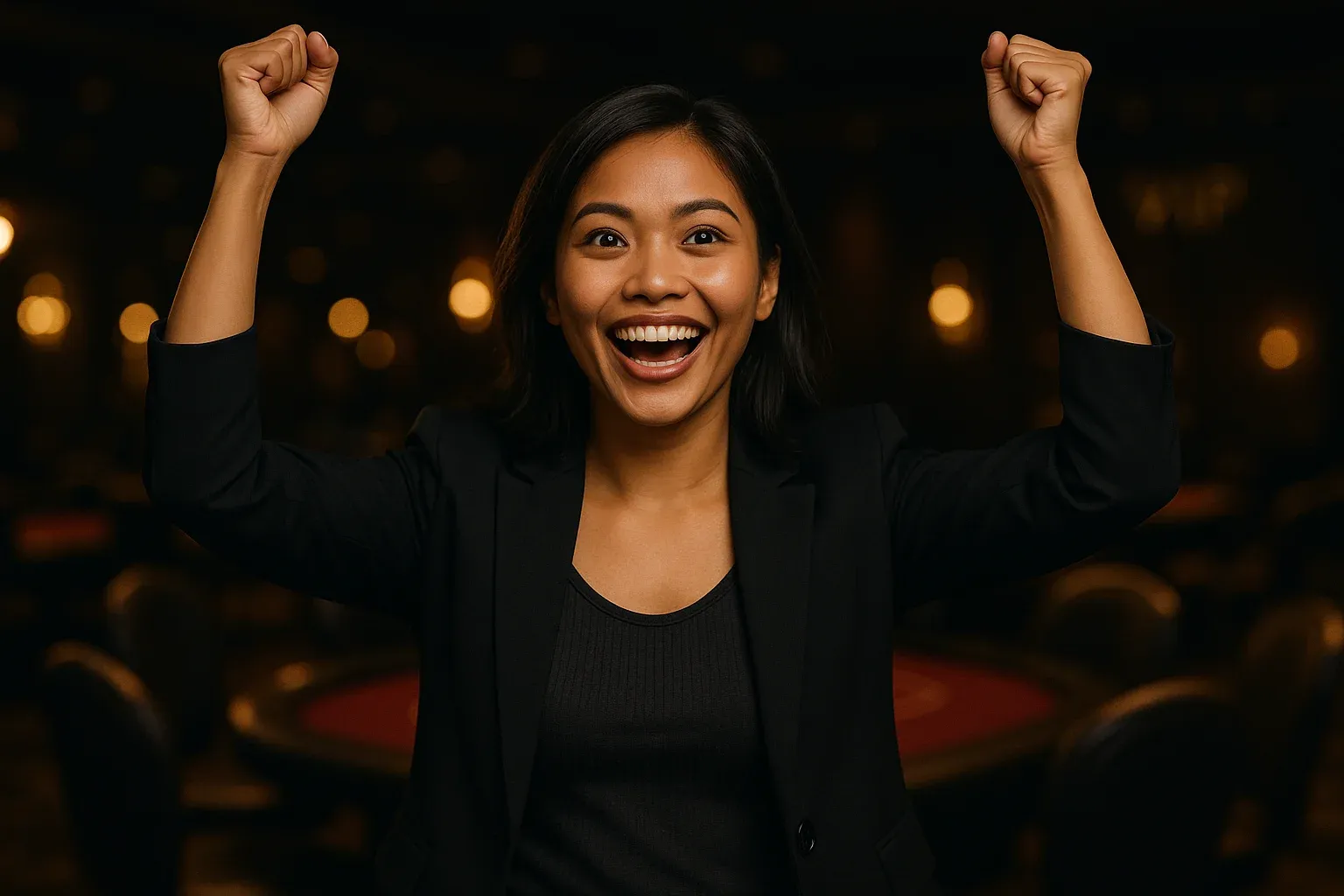 Excited Filipino woman celebrating win in blurred casino VIP bokeh background