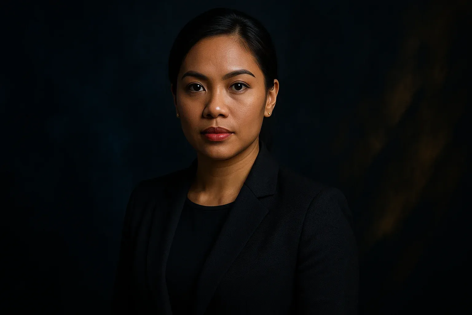 High-resolution portrait of confident Filipino woman on dark blue and gold background