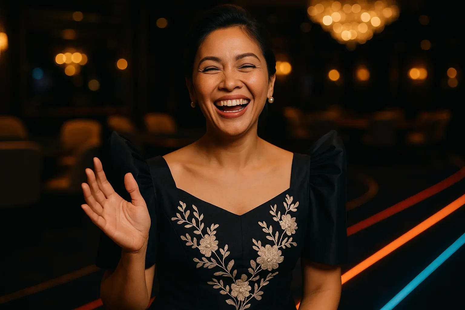 Laughing Filipino woman in Filipiniana attire in blurred VIP casino lounge