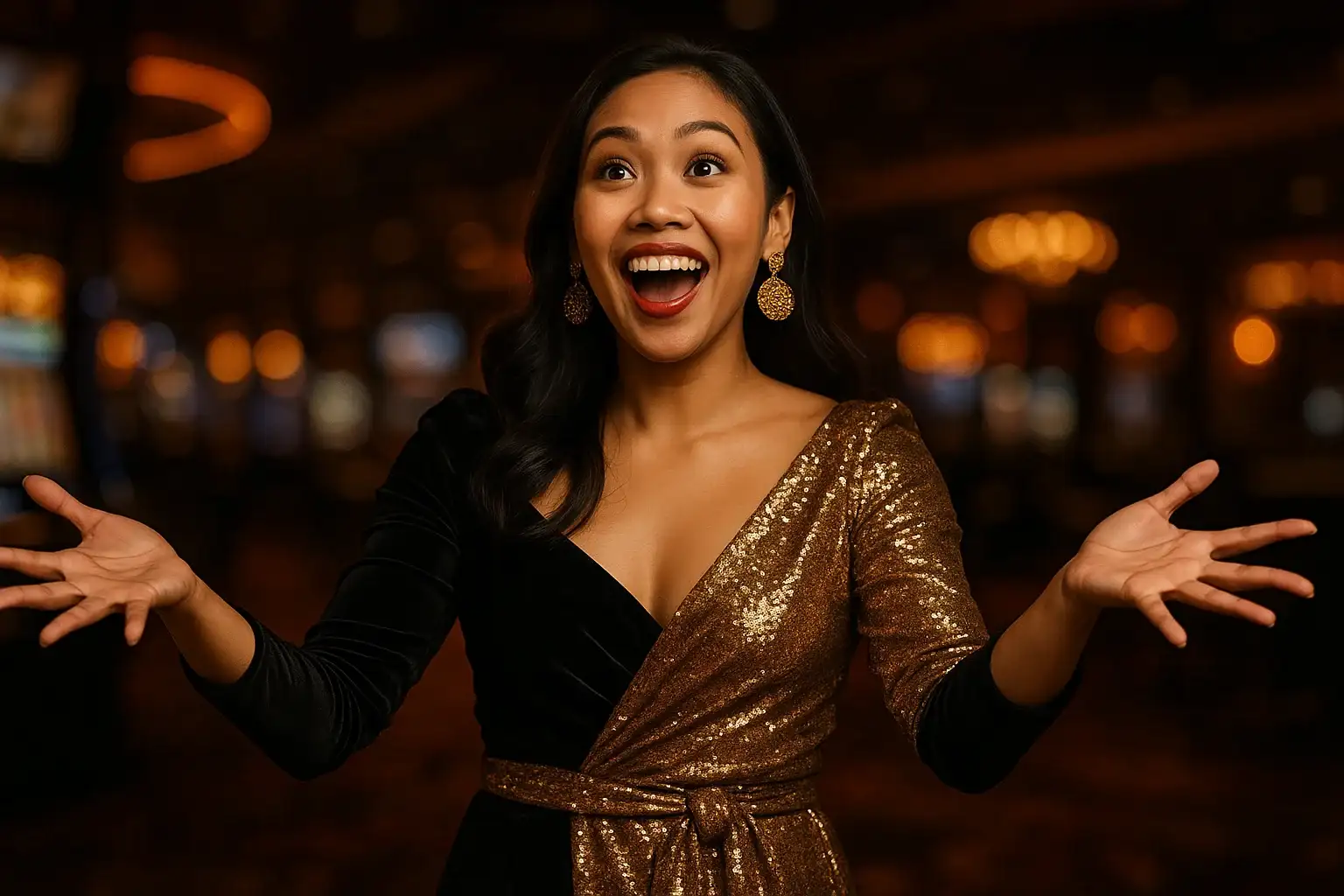 Excited Filipino woman catching imaginary coins in neon casino bokeh background