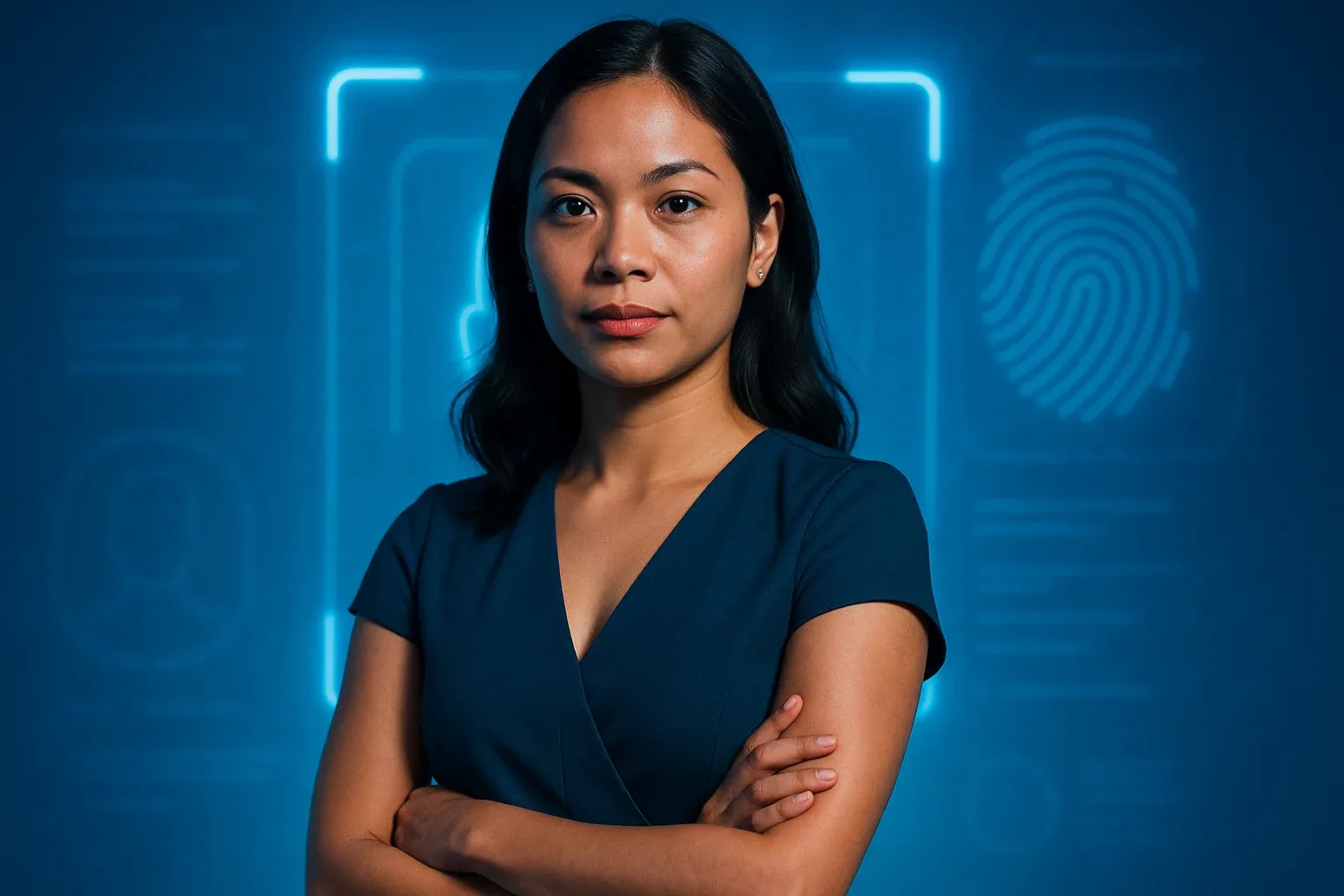 Confident Filipino woman portrait with blue identity verification aesthetic background