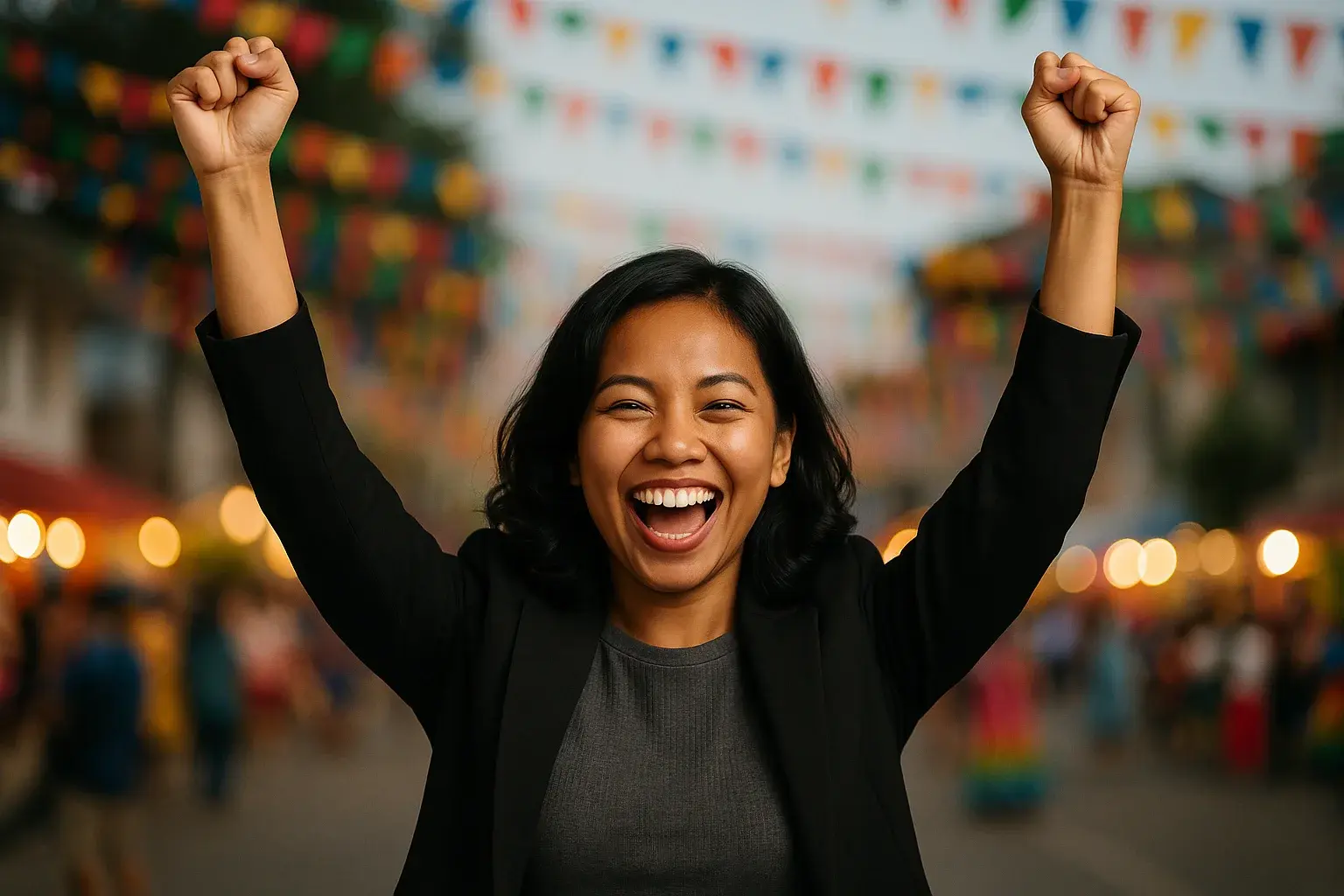 Excited Filipino woman raising arms in victory at colorful festival background