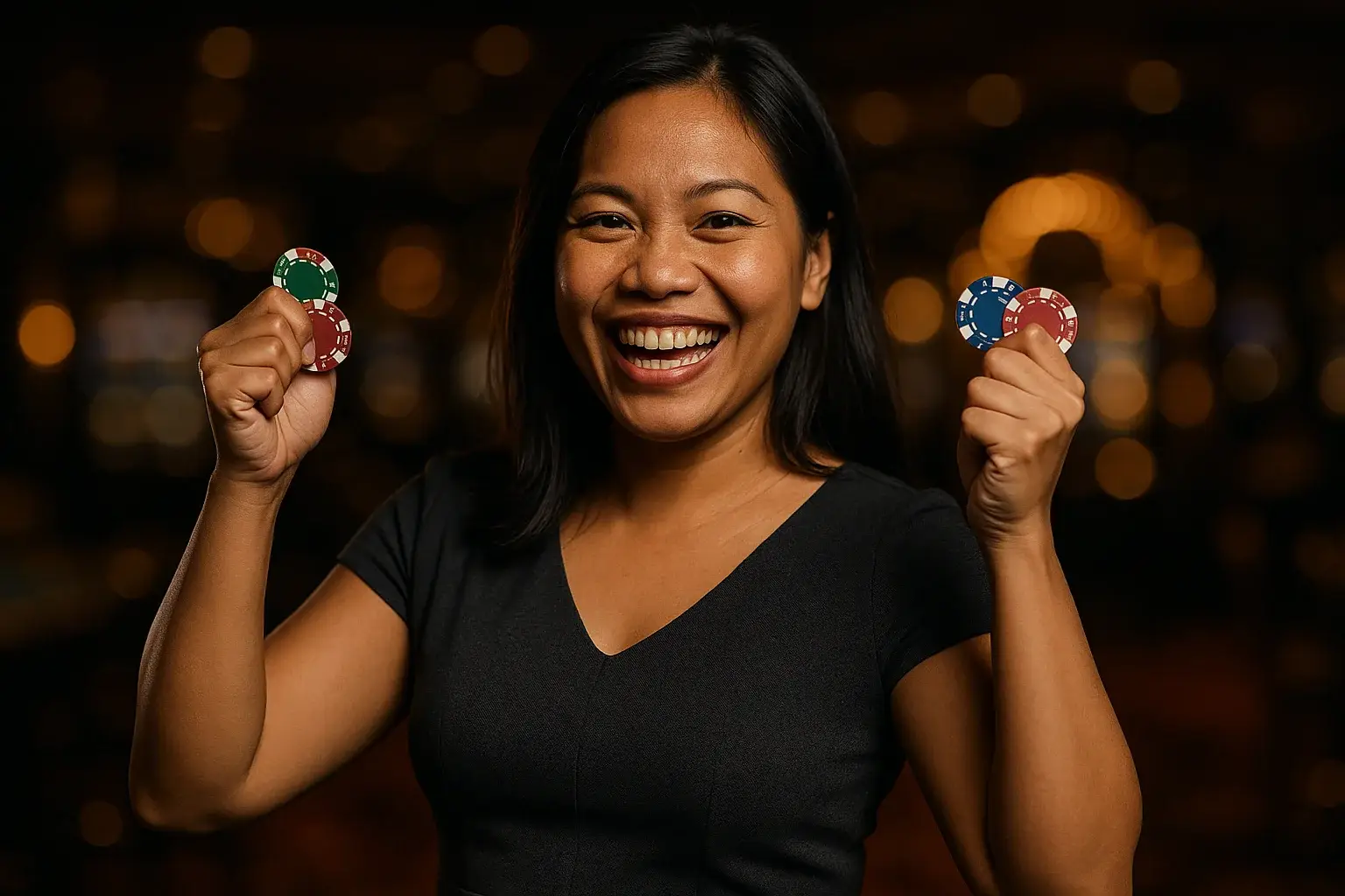 Joyful Filipino woman holding casino chips in victory pose, blurred neon background